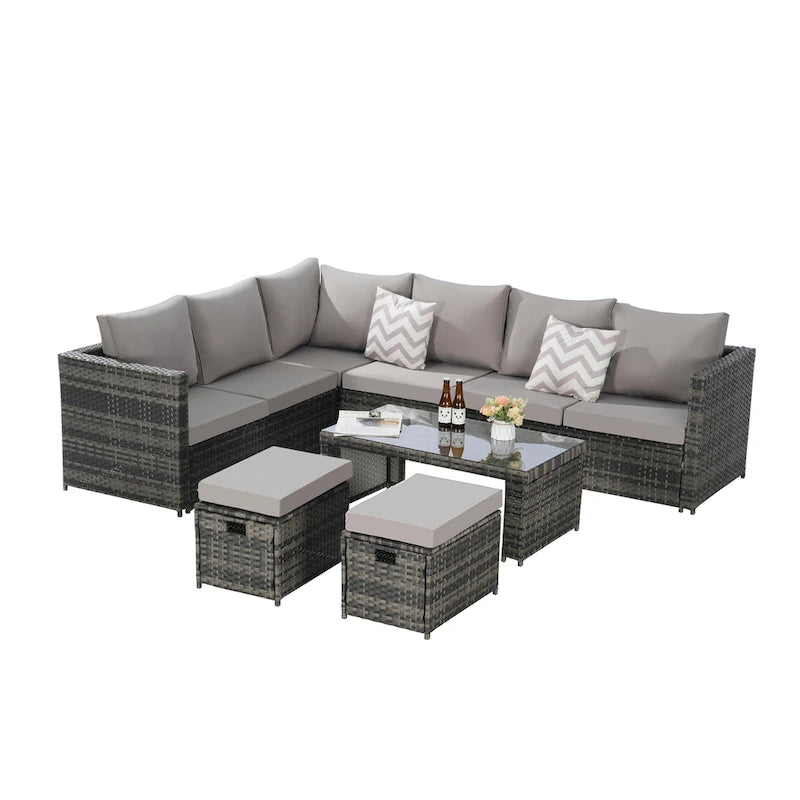 Set Divano Sezionale in Rattan da 6 Pezzi con Tavolino in Vetro