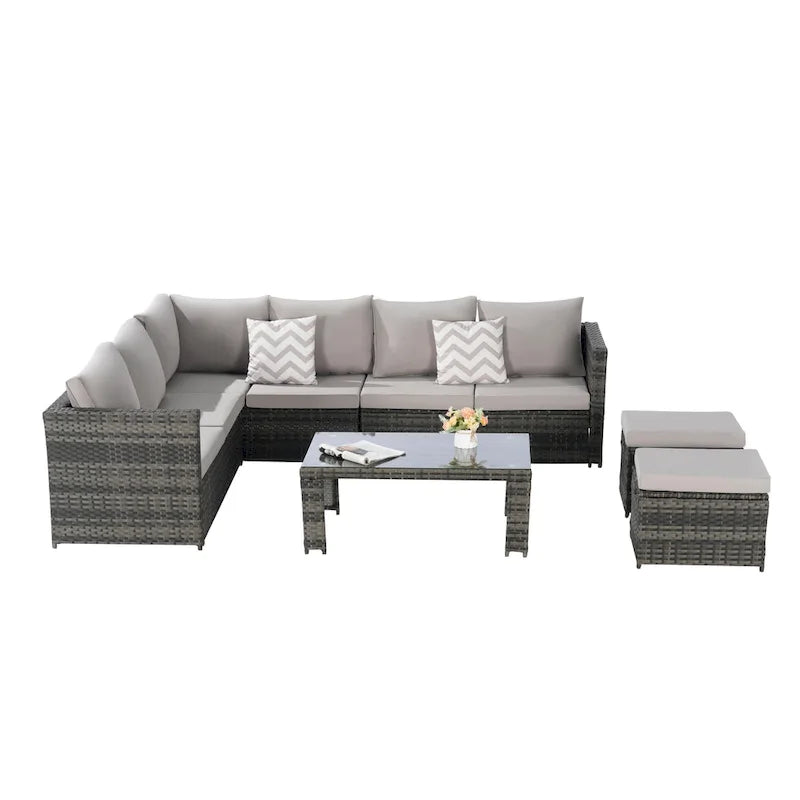 Set Divano Sezionale in Rattan da 6 Pezzi con Tavolino in Vetro