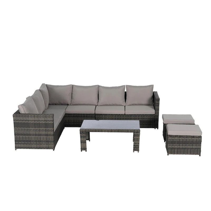 Set Divano Sezionale in Rattan da 6 Pezzi con Tavolino in Vetro