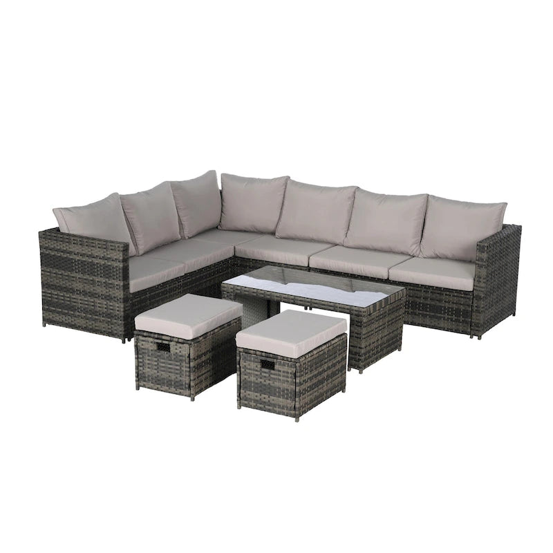 Set Divano Sezionale in Rattan da 6 Pezzi con Tavolino in Vetro