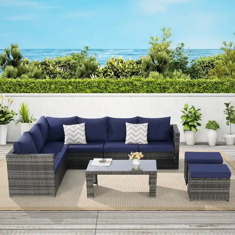 Set Divano Sezionale in Rattan da 6 Pezzi con Tavolino in Vetro