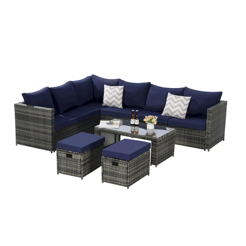 Set Divano Sezionale in Rattan da 6 Pezzi con Tavolino in Vetro