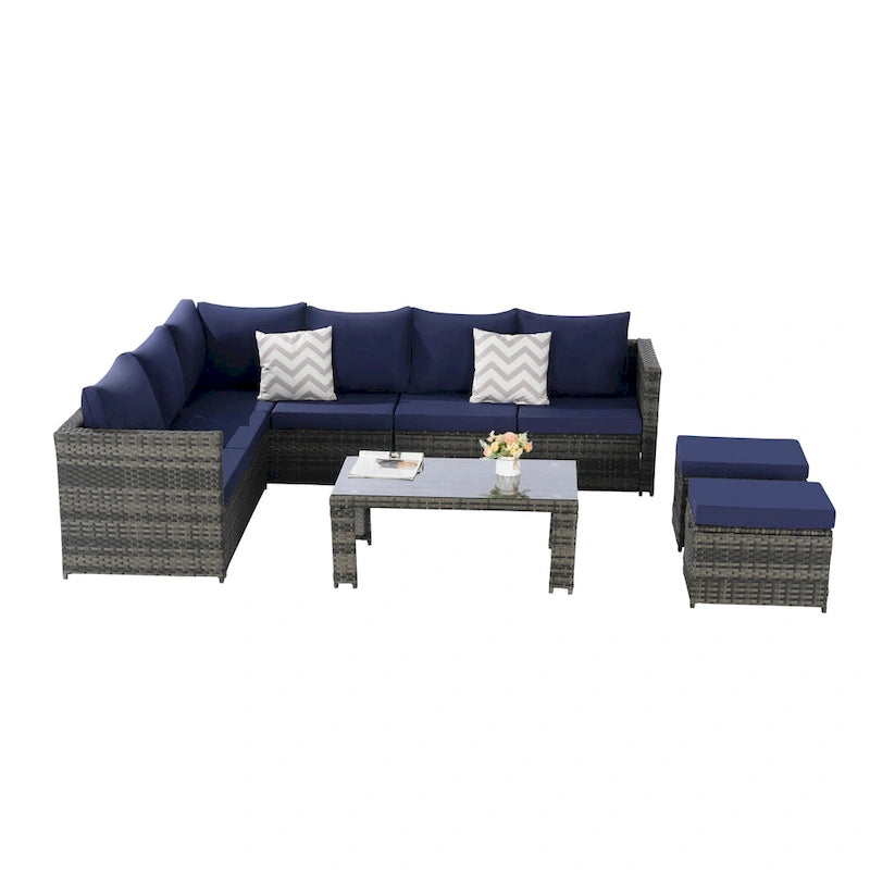 Set Divano Sezionale in Rattan da 6 Pezzi con Tavolino in Vetro
