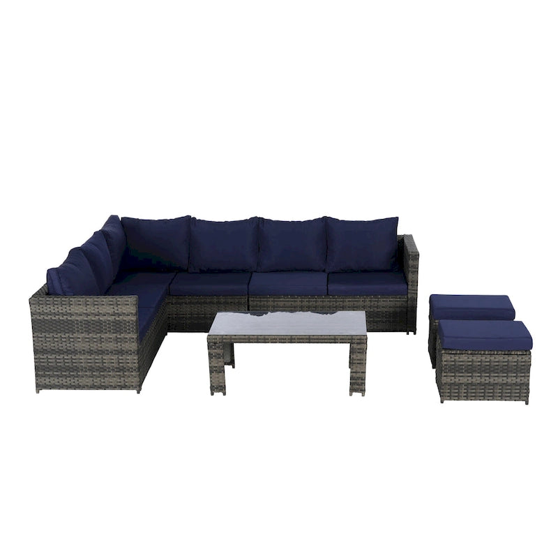 Set Divano Sezionale in Rattan da 6 Pezzi con Tavolino in Vetro