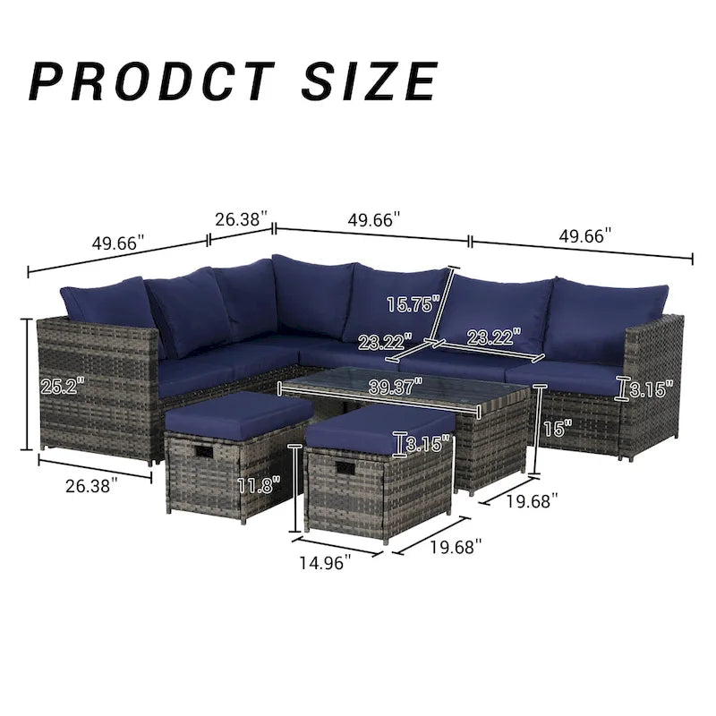 Set Divano Sezionale in Rattan da 6 Pezzi con Tavolino in Vetro