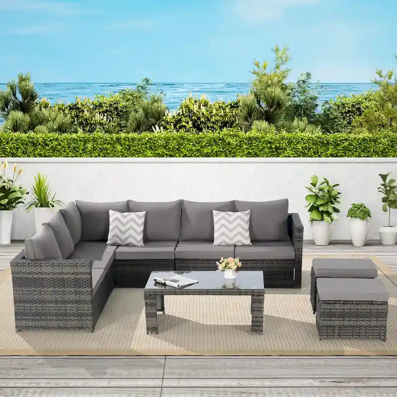 Set Divano Sezionale in Rattan da 6 Pezzi con Tavolino in Vetro