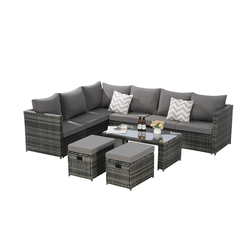 Set Divano Sezionale in Rattan da 6 Pezzi con Tavolino in Vetro