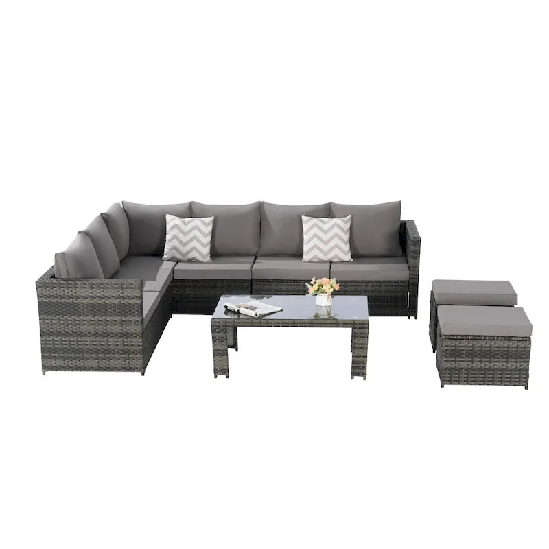 Set Divano Sezionale in Rattan da 6 Pezzi con Tavolino in Vetro