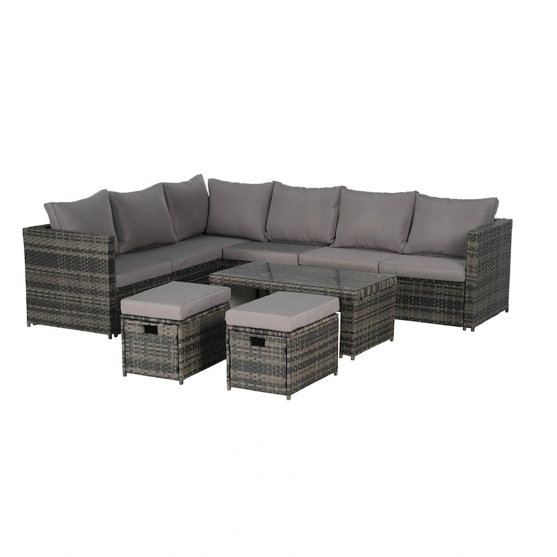 Set Divano Sezionale in Rattan da 6 Pezzi con Tavolino in Vetro