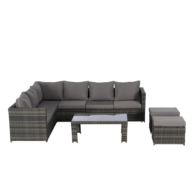 Set Divano Sezionale in Rattan da 6 Pezzi con Tavolino in Vetro