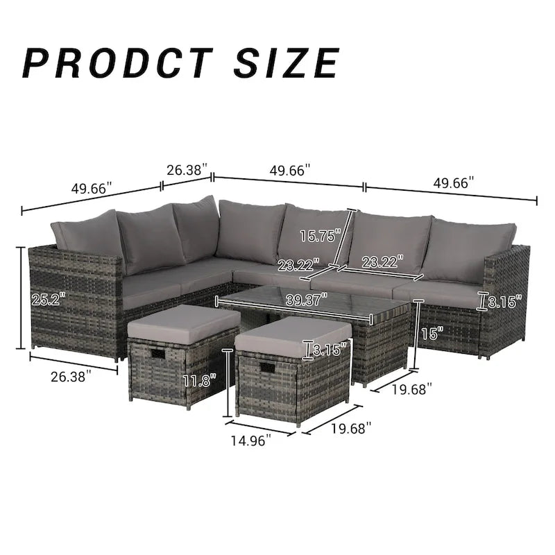 Set Divano Sezionale in Rattan da 6 Pezzi con Tavolino in Vetro