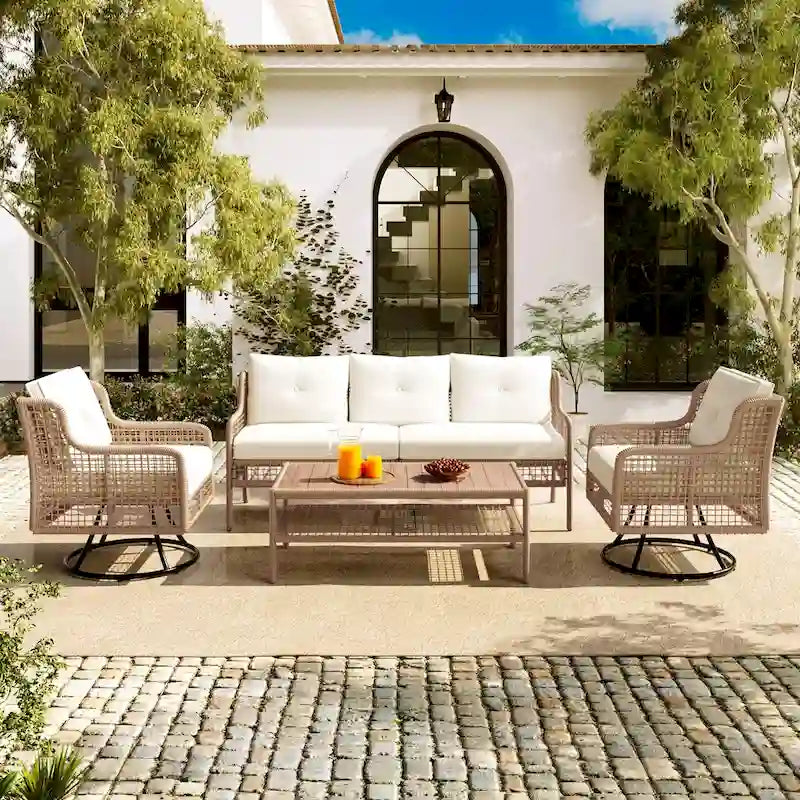 Set da divano 4 pezzi in rattan con poltrone girevoli e tavolo