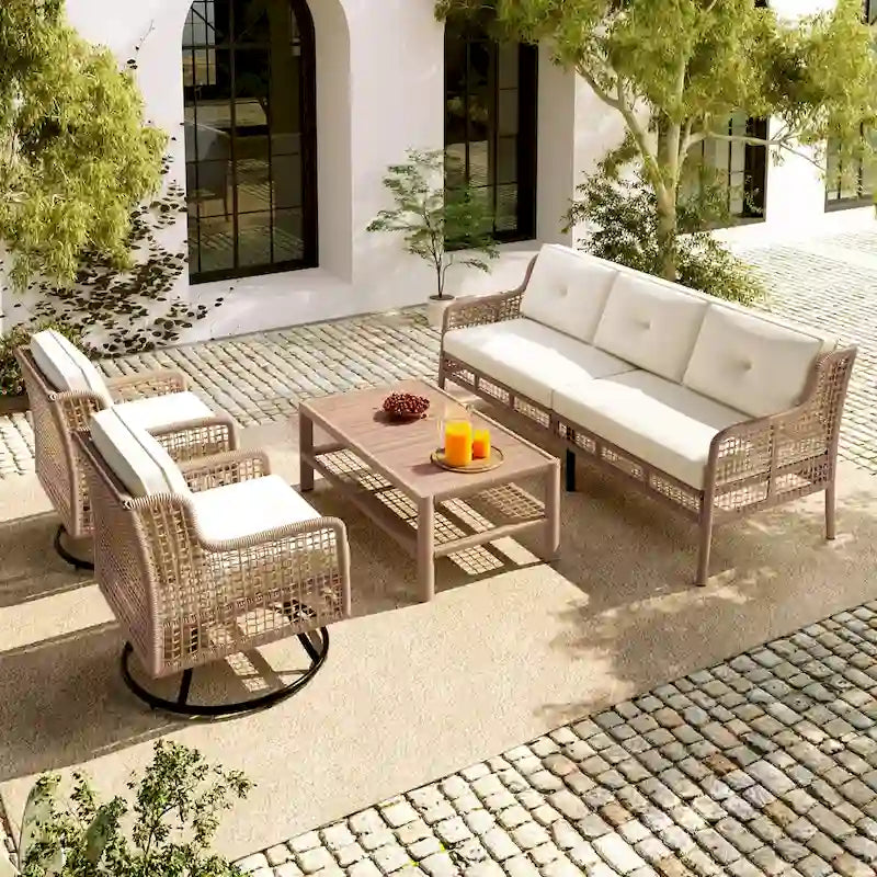 Set da divano 4 pezzi in rattan con poltrone girevoli e tavolo