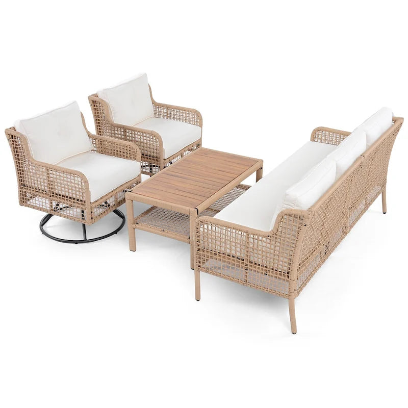 Set da divano 4 pezzi in rattan con poltrone girevoli e tavolo