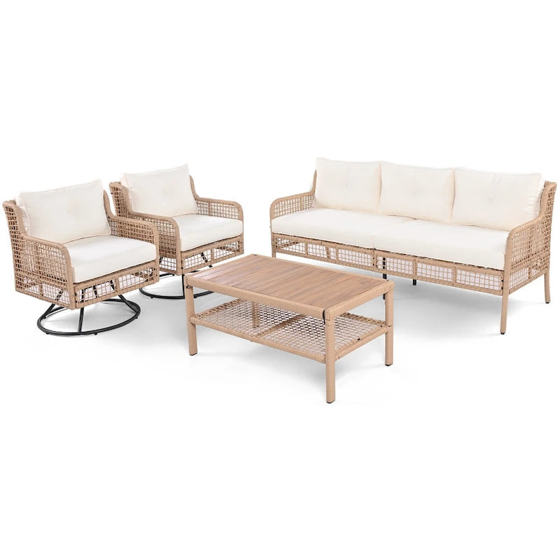 Set da divano 4 pezzi in rattan con poltrone girevoli e tavolo