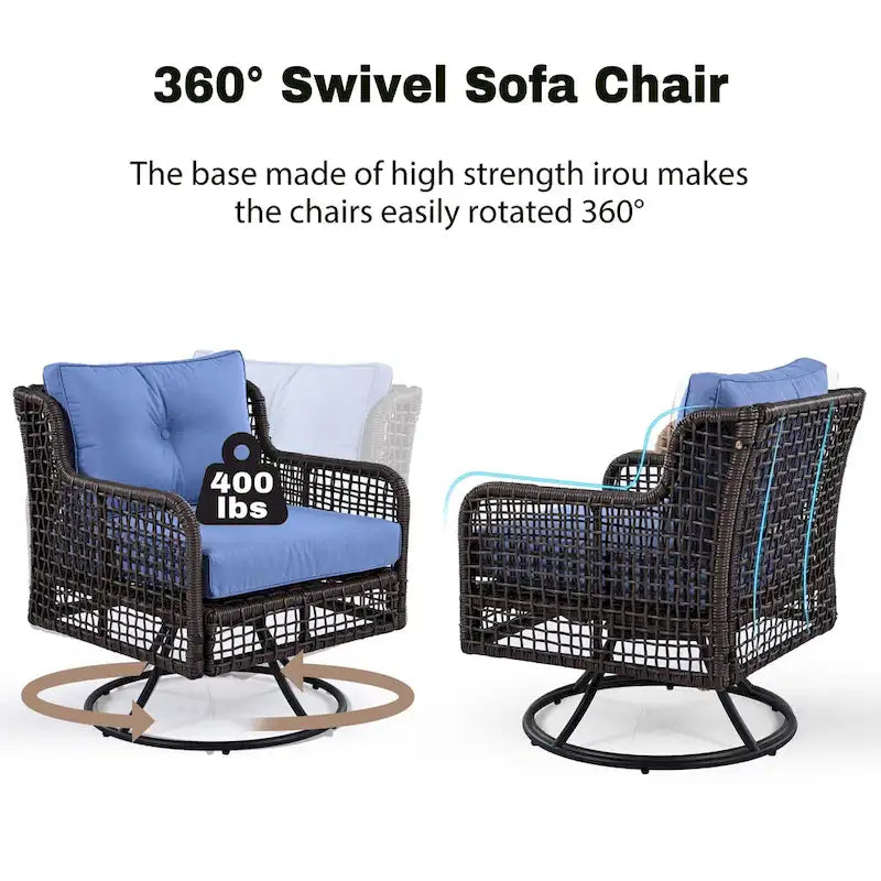 Set da divano 4 pezzi in rattan con poltrone girevoli e tavolo