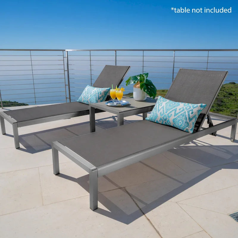 Set di 2 Chaise Longue Cape Coral Grigie da Esterno in Rete Regolabile con Ruote, 195 cm
