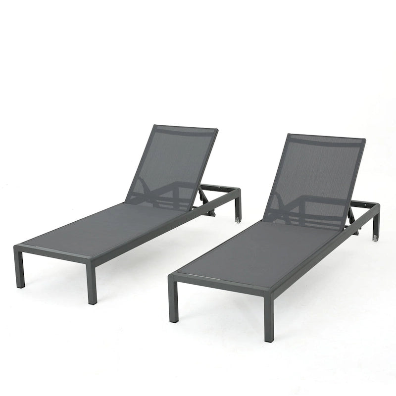 Set di 2 Chaise Longue Cape Coral Grigie da Esterno in Rete Regolabile con Ruote, 195 cm