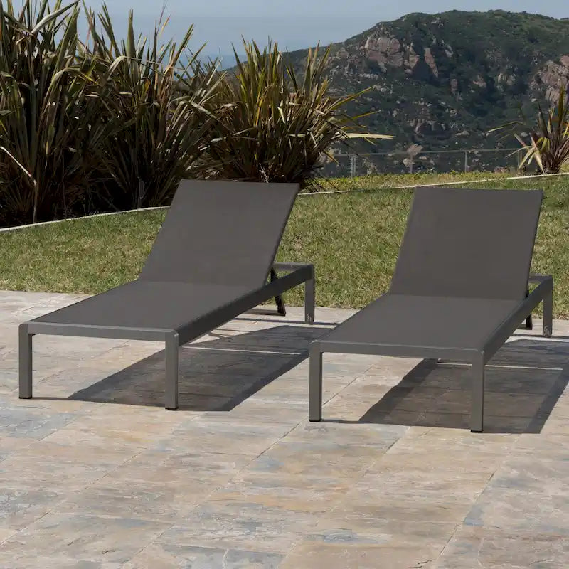 Set di 2 Chaise Longue Cape Coral Grigie da Esterno in Rete Regolabile con Ruote, 195 cm