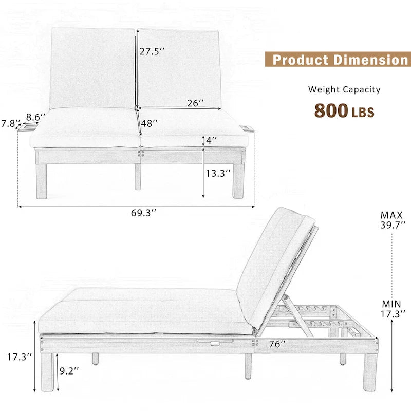 Doppia Chaise Longue da Esterno con Schienale Regolabile in 5 Posizioni, Chaise Longue da Esterno