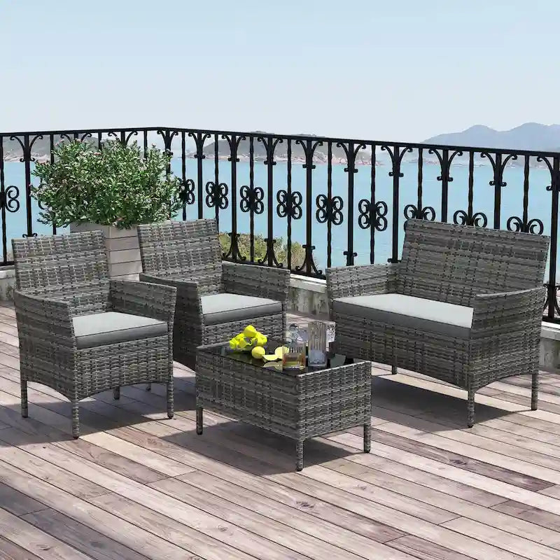 Set Mobili da Giardino Costway 4 Pezzi con Cuscini Lavabili e Vetro Temperato - 4 PZ