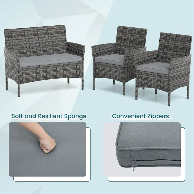 Set Mobili da Giardino Costway 4 Pezzi con Cuscini Lavabili e Vetro Temperato - 4 PZ