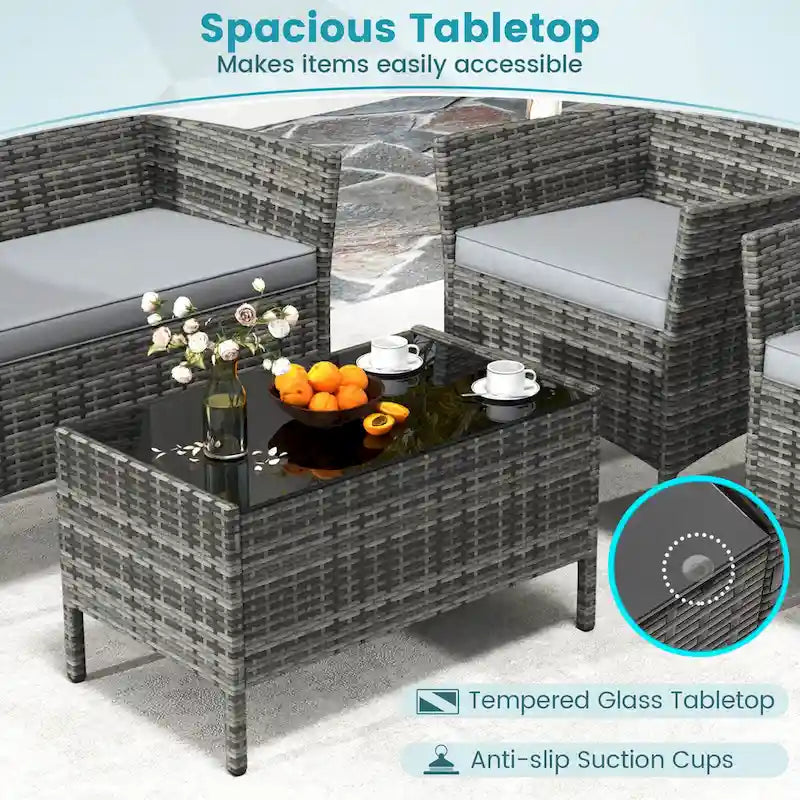 Set Mobili da Giardino Costway 4 Pezzi con Cuscini Lavabili e Vetro Temperato - 4 PZ