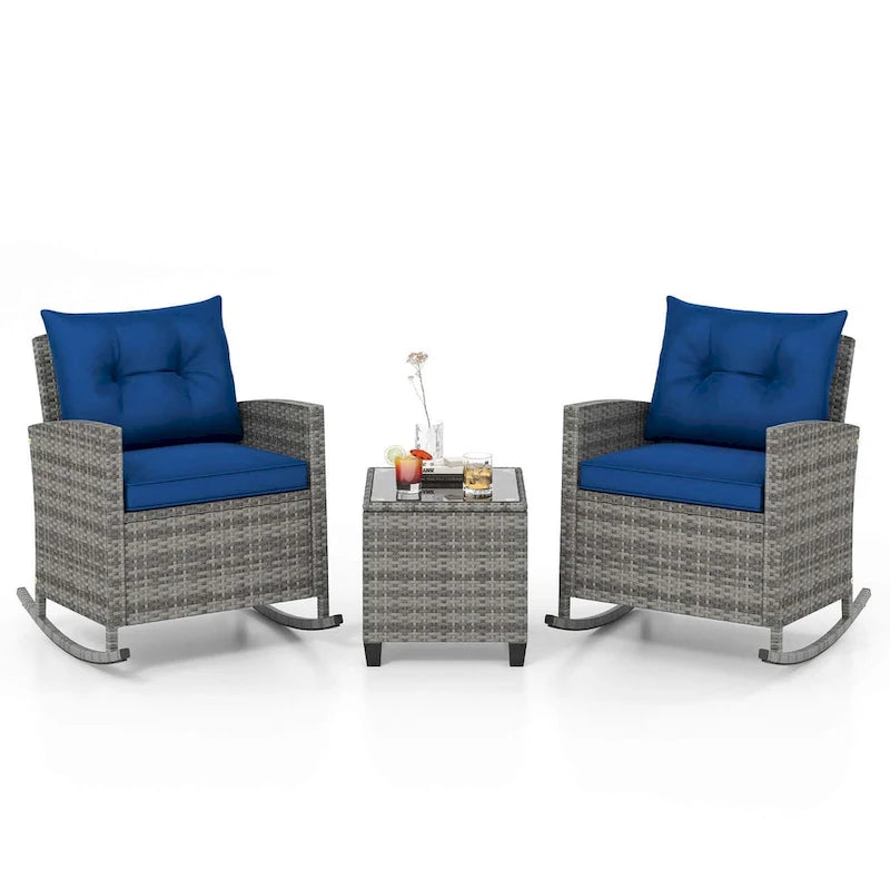 Costway 3 PCS Patio Wicker Rocking Set with Tempered Glass Table & - See Details