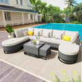 Set Divano Sezionale da Esterno in Vimini da 7 Pezzi, Set di Mobili da Giardino in Rattan per Tutte le Stagioni con Tavolino da Caffè e Cuscini