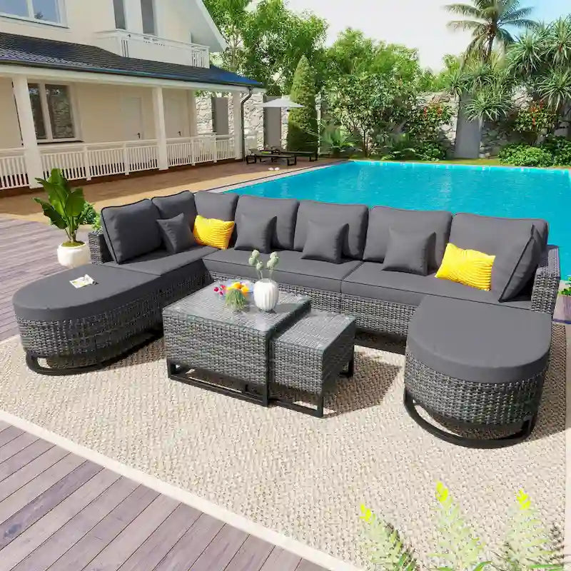 Set Divano Sezionale da Esterno in Vimini da 7 Pezzi, Set di Mobili da Giardino in Rattan per Tutte le Stagioni con Tavolino da Caffè e Cuscini