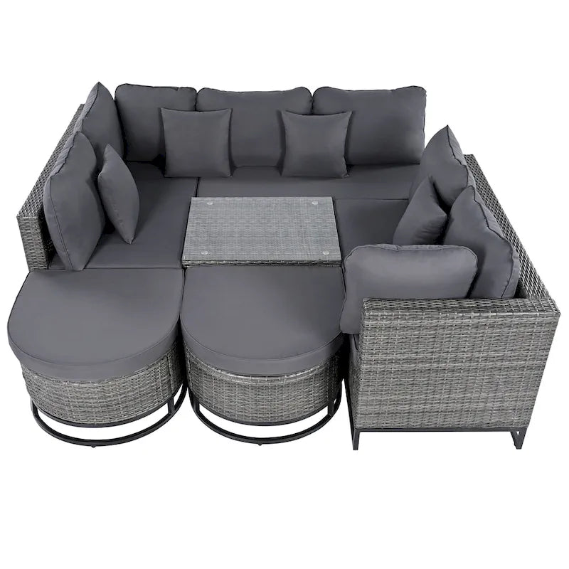 Set Divano Sezionale da Esterno in Vimini da 7 Pezzi, Set di Mobili da Giardino in Rattan per Tutte le Stagioni con Tavolino da Caffè e Cuscini