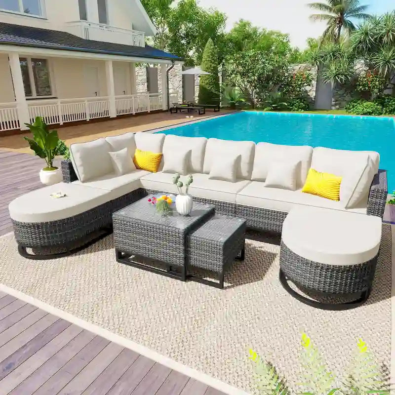 Set Divano Sezionale da Esterno in Vimini da 7 Pezzi, Set di Mobili da Giardino in Rattan per Tutte le Stagioni con Tavolino da Caffè e Cuscini
