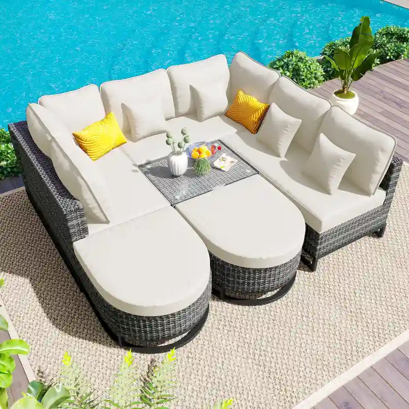 Set Divano Sezionale da Esterno in Vimini da 7 Pezzi, Set di Mobili da Giardino in Rattan per Tutte le Stagioni con Tavolino da Caffè e Cuscini