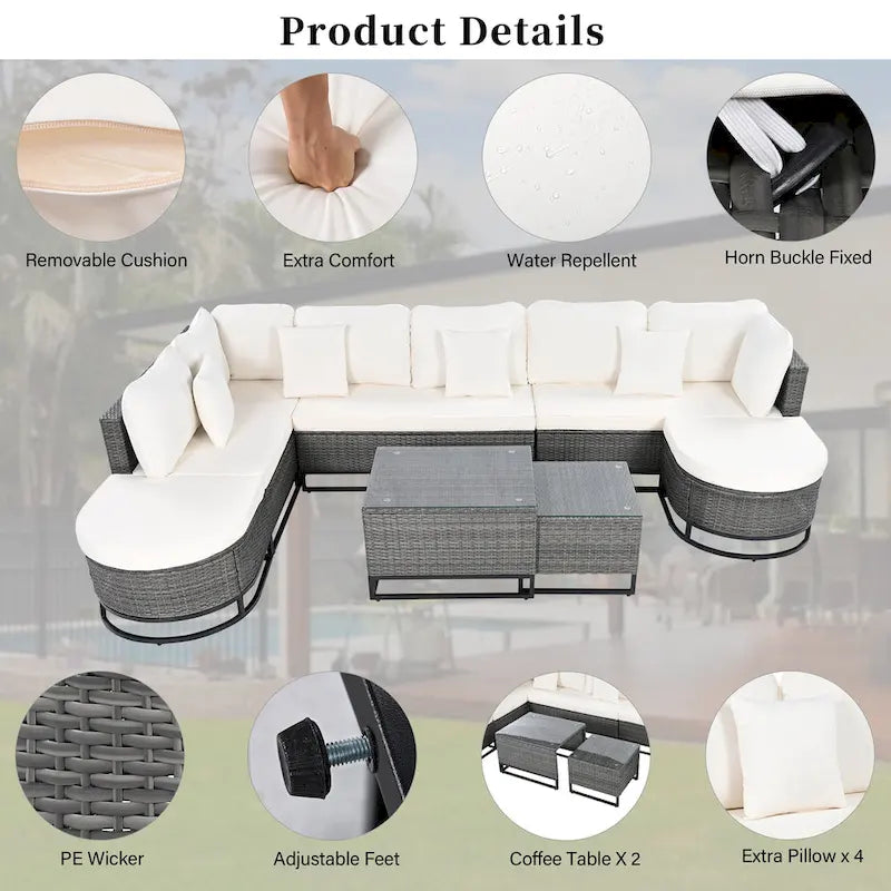 Set Divano Sezionale da Esterno in Vimini da 7 Pezzi, Set di Mobili da Giardino in Rattan per Tutte le Stagioni con Tavolino da Caffè e Cuscini