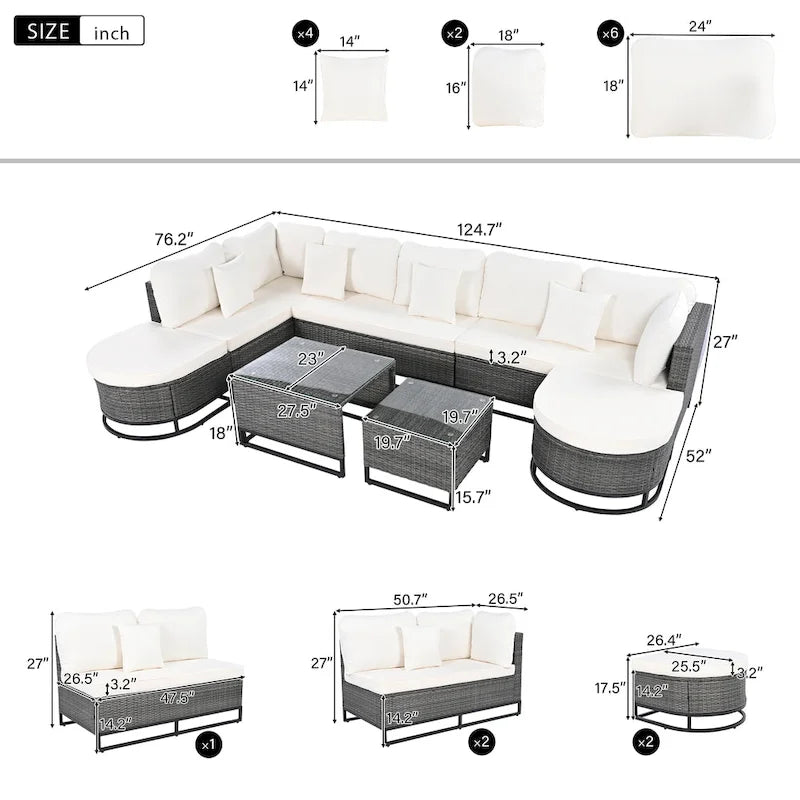 Set Divano Sezionale da Esterno in Vimini da 7 Pezzi, Set di Mobili da Giardino in Rattan per Tutte le Stagioni con Tavolino da Caffè e Cuscini