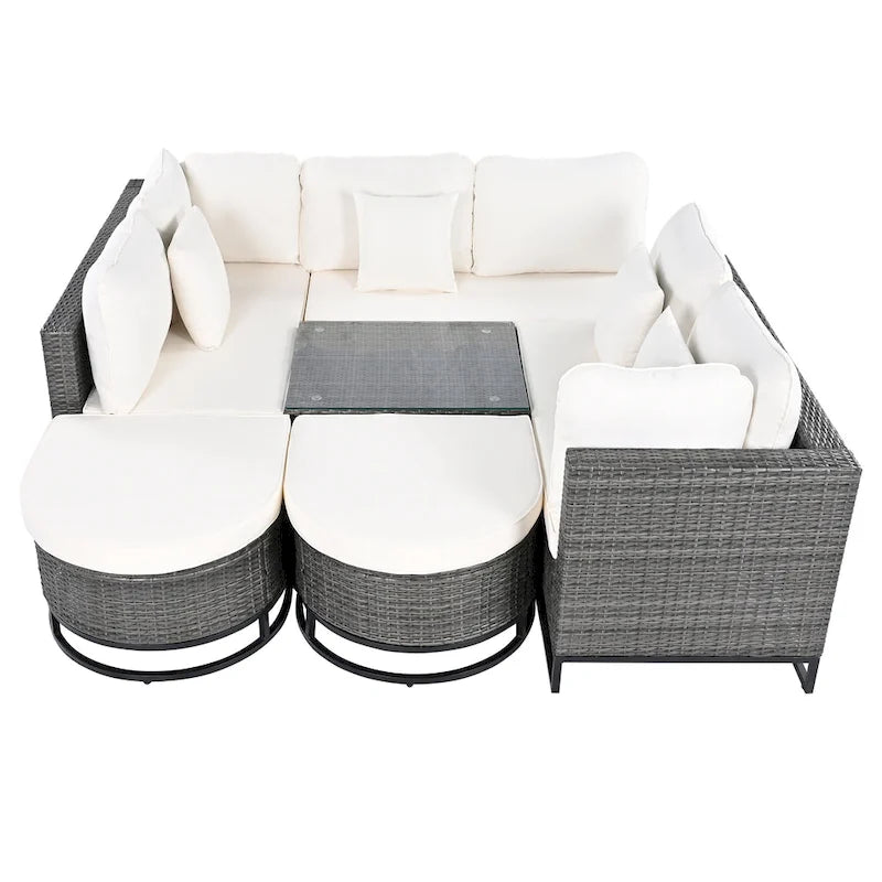 Set Divano Sezionale da Esterno in Vimini da 7 Pezzi, Set di Mobili da Giardino in Rattan per Tutte le Stagioni con Tavolino da Caffè e Cuscini