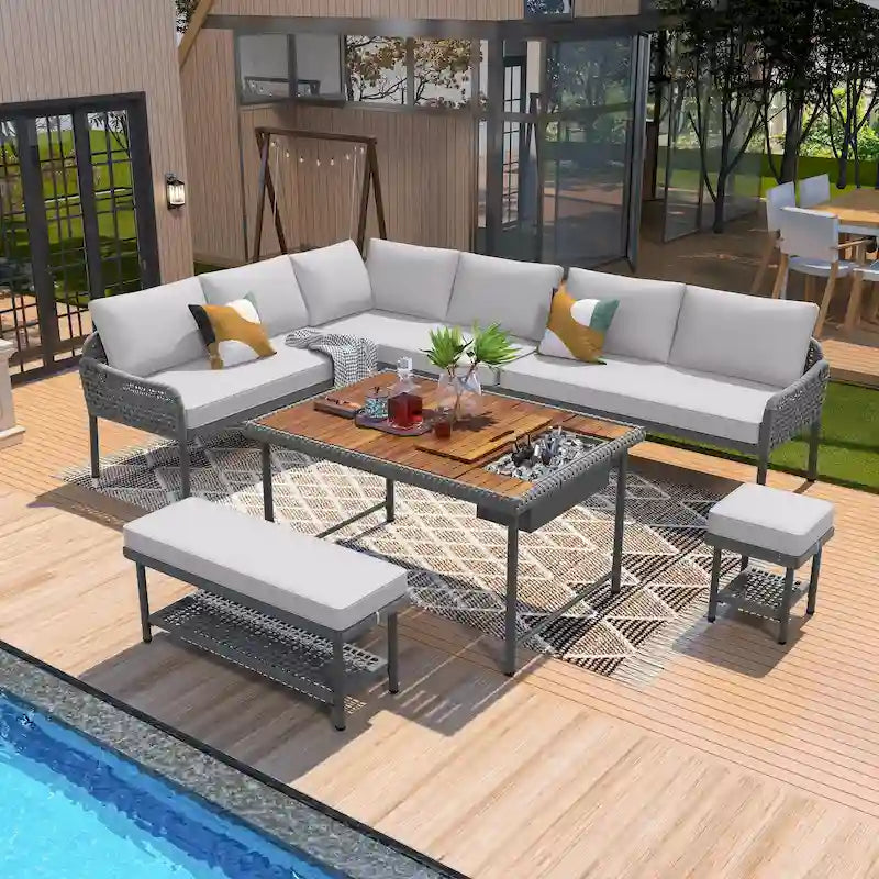 Ensemble de meubles 6 pièces en corde, ensemble de canapés modulaires en forme de L pour l'extérieur, table en bois avec bac à glaçons, chaise longue et banc en corde