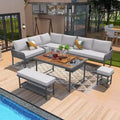 Ensemble de meubles 6 pièces en corde, ensemble de canapés modulaires en forme de L pour l'extérieur, table en bois avec bac à glaçons, chaise longue et banc en corde