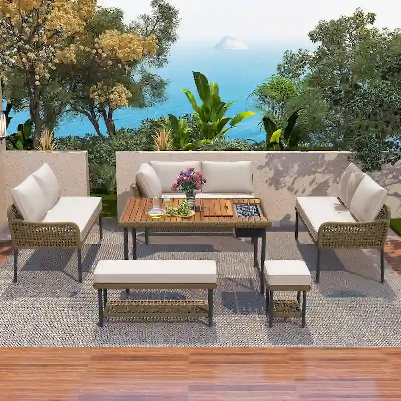 Ensemble de meubles 6 pièces en corde, ensemble de canapés modulaires en forme de L pour l'extérieur, table en bois avec bac à glaçons, chaise longue et banc en corde