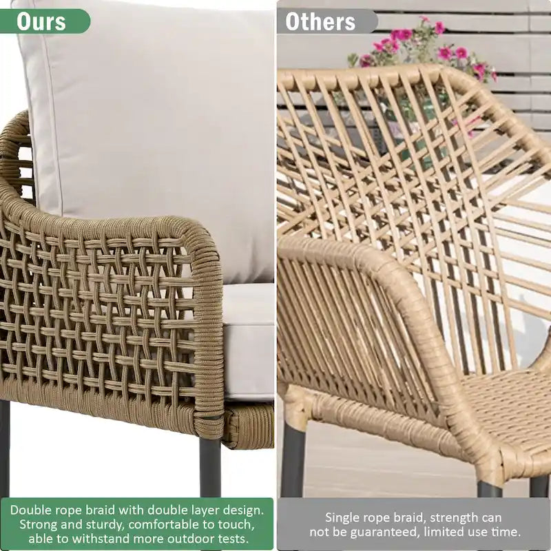 Ensemble de meubles 6 pièces en corde, ensemble de canapés modulaires en forme de L pour l'extérieur, table en bois avec bac à glaçons, chaise longue et banc en corde