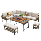 Ensemble de meubles 6 pièces en corde, ensemble de canapés modulaires en forme de L pour l'extérieur, table en bois avec bac à glaçons, chaise longue et banc en corde