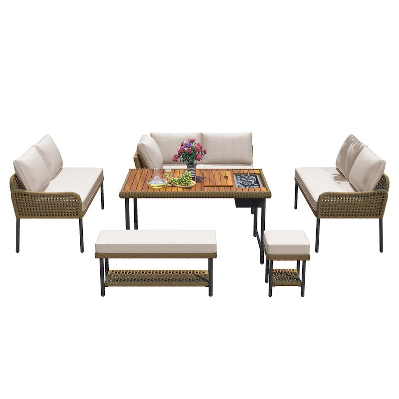 Ensemble de meubles 6 pièces en corde, ensemble de canapés modulaires en forme de L pour l'extérieur, table en bois avec bac à glaçons, chaise longue et banc en corde