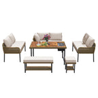 Ensemble de meubles 6 pièces en corde, ensemble de canapés modulaires en forme de L pour l'extérieur, table en bois avec bac à glaçons, chaise longue et banc en corde