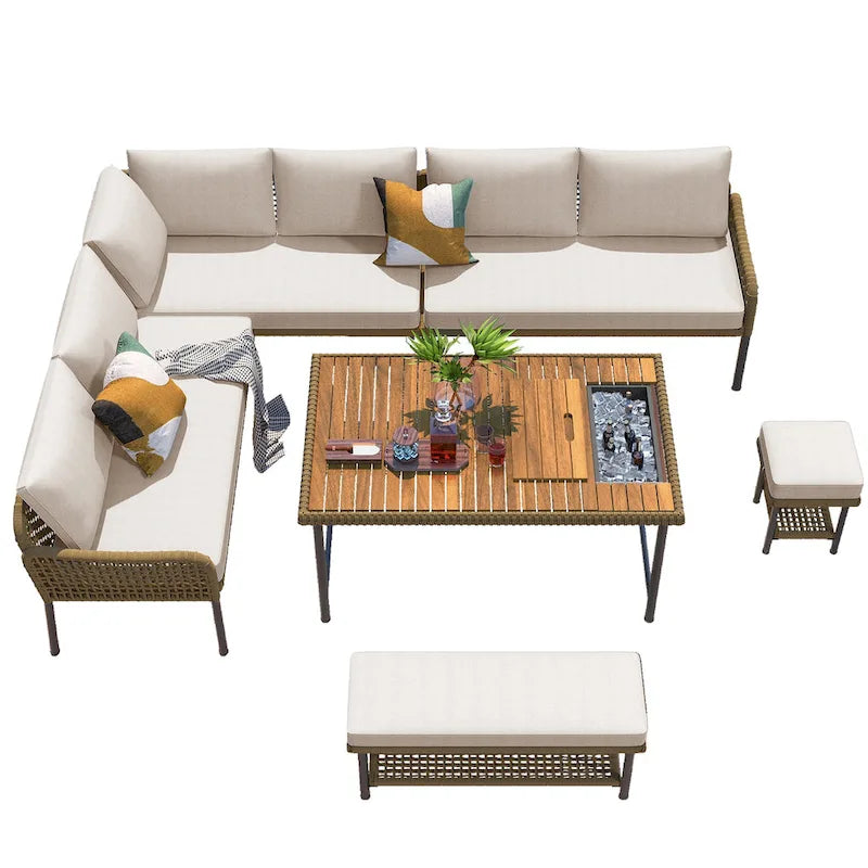 Ensemble de meubles 6 pièces en corde, ensemble de canapés modulaires en forme de L pour l'extérieur, table en bois avec bac à glaçons, chaise longue et banc en corde