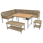 Ensemble de meubles 6 pièces en corde, ensemble de canapés modulaires en forme de L pour l'extérieur, table en bois avec bac à glaçons, chaise longue et banc en corde