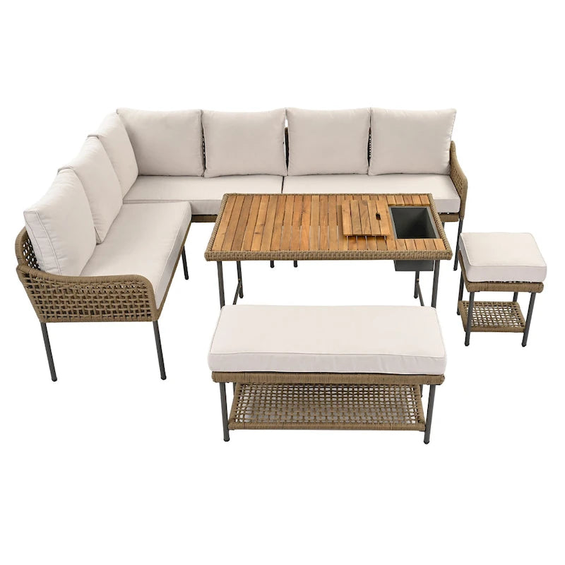 Ensemble de meubles 6 pièces en corde, ensemble de canapés modulaires en forme de L pour l'extérieur, table en bois avec bac à glaçons, chaise longue et banc en corde