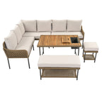Ensemble de meubles 6 pièces en corde, ensemble de canapés modulaires en forme de L pour l'extérieur, table en bois avec bac à glaçons, chaise longue et banc en corde