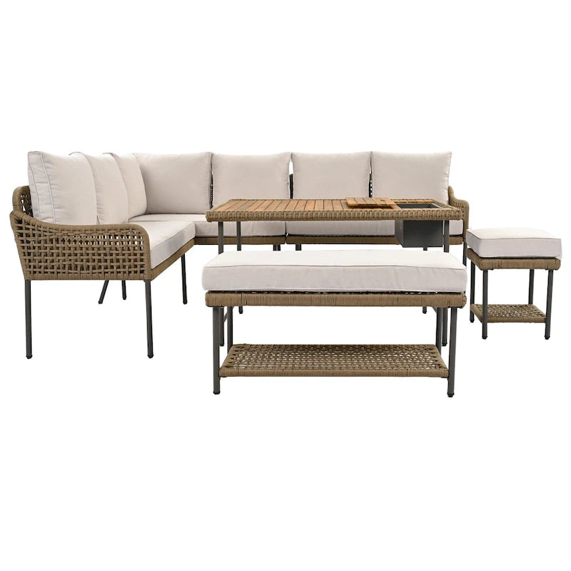 Ensemble de meubles 6 pièces en corde, ensemble de canapés modulaires en forme de L pour l'extérieur, table en bois avec bac à glaçons, chaise longue et banc en corde