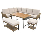Ensemble de meubles 6 pièces en corde, ensemble de canapés modulaires en forme de L pour l'extérieur, table en bois avec bac à glaçons, chaise longue et banc en corde