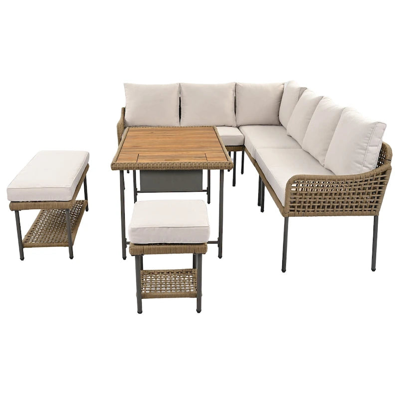 Ensemble de meubles 6 pièces en corde, ensemble de canapés modulaires en forme de L pour l'extérieur, table en bois avec bac à glaçons, chaise longue et banc en corde